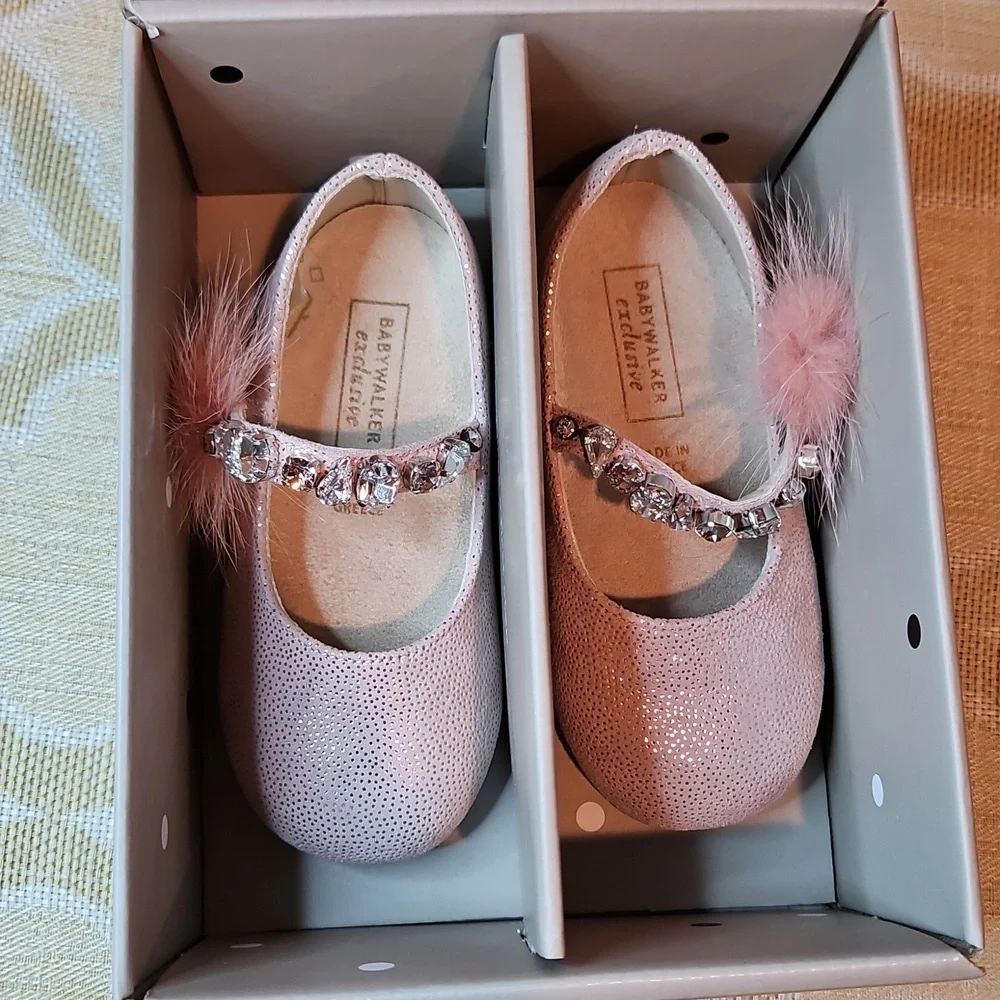 Babywalker Dusty Pink Leather Fur Jewel Baby Shoes NWT & box Greece 21 US 18-24m